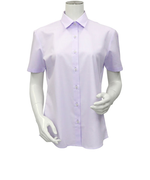 レディース ウィメンズシャツ 半袖 形態安定 レギュラー衿 オーガニックコットン100% パープル×斜めストライプ織柄