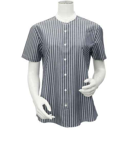 レディース ウィメンズシャツ 半袖 形態安定 クレリック スタンド衿 オーガニックコットン100% ネイビー×白ストライプ