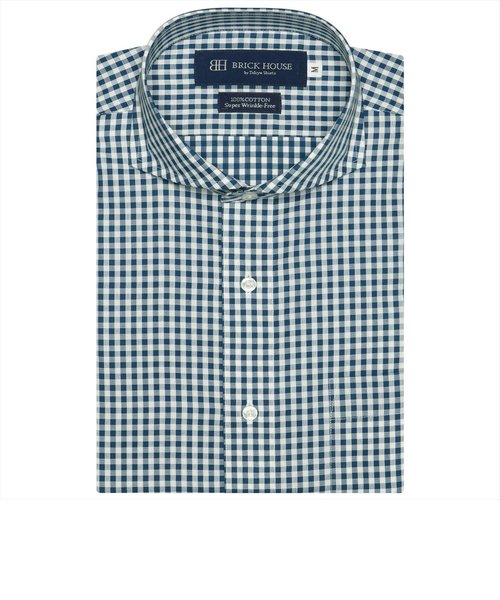 ワイシャツ 半袖 形態安定 ホリゾンタル ワイド 綿100% 白×ブルーグリーンチェック