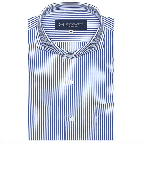 ワイシャツ 半袖 形態安定 ビズポロ ニットシャツ ホリゾンタル ワイド 白×ブルーストライプ