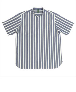 ワイシャツ 半袖 形態安定 和紙混 ラウンドテールシャツ スタンド ネイビー系ストライプ Pitta Re:)