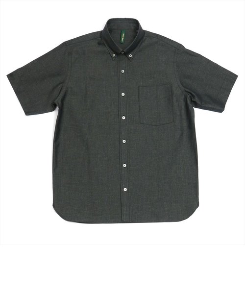 ワイシャツ 半袖 形態安定 和紙混 ラウンドテールシャツ ボタンダウン 黒無地調 Pitta Re:)