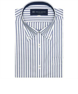 ワイシャツ 半袖 形態安定 ボタンダウン 白×ブルーストライプ （再生ポリエステル）