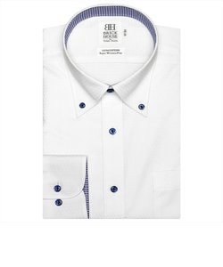 ワイシャツ 長袖 形態安定 ボタンダウン オーガニックコットンブレンド 綿100% 白×織柄 スリム
