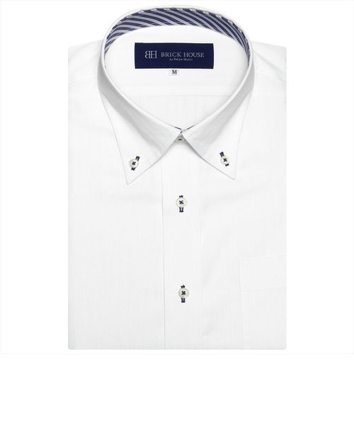 ワイシャツ 半袖 形態安定 ボタンダウン 白×織柄 （透け防止）