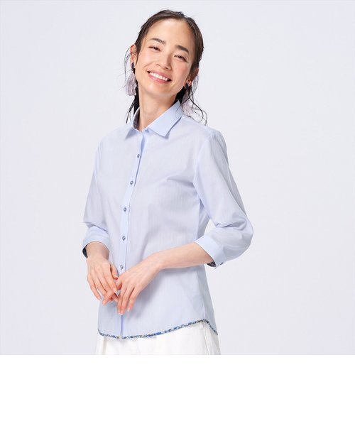 形態安定 ワイドカラー 裾パイピング 七分袖レディースシャツ