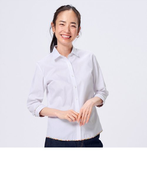 【透け防止】  形態安定 ワイドカラー 裾パイピング 七分袖レディースシャツ