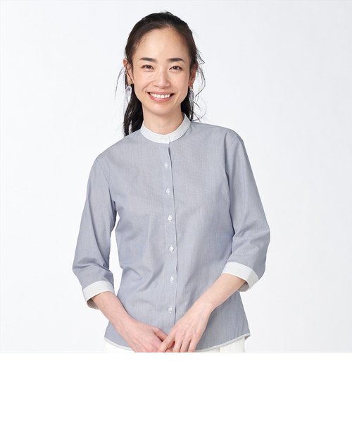 形態安定 スタンドカラー 裾パイピング 七分袖レディースシャツ