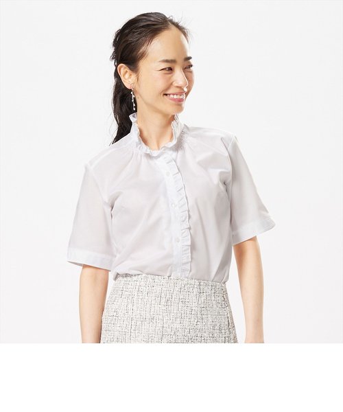 【フリル・デザイン】形態安定 スタンドカラー 五分袖レディースシャツ