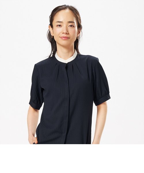 【デザイン】形態安定 クレリックバンドカラー 五分袖レディースシャツ