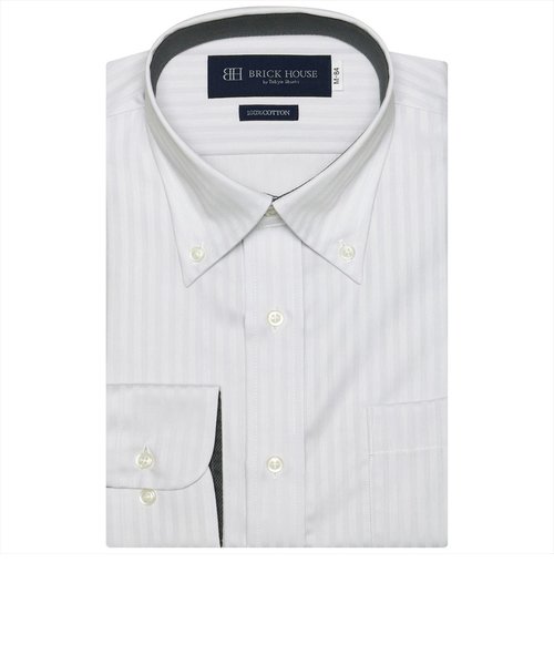 形態安定 ボタンダウンカラー 綿100% 長袖ビジネスワイシャツ