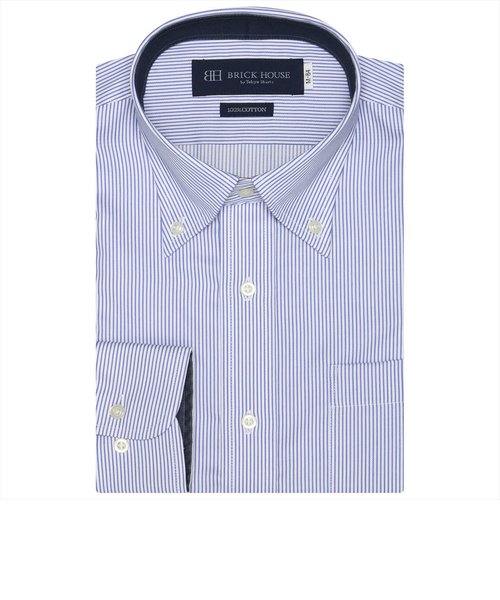 形態安定 ボタンダウンカラー 綿100% 長袖ビジネスワイシャツ