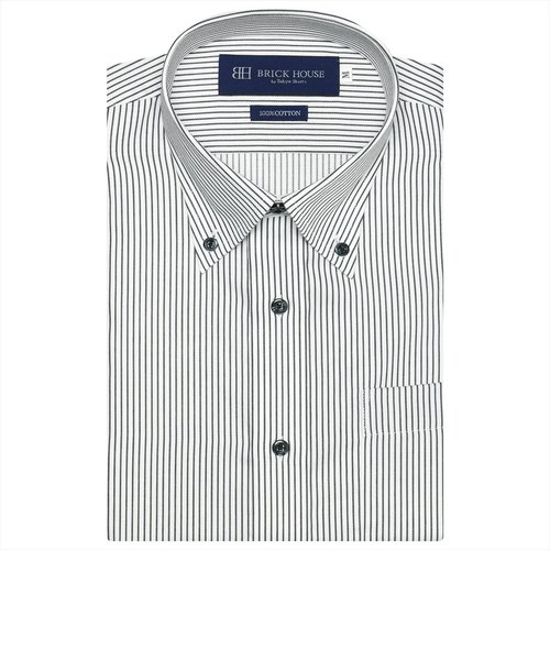 【グリーン】(M)形態安定 ボタンダウンカラー 綿100% 半袖ワイシャツ