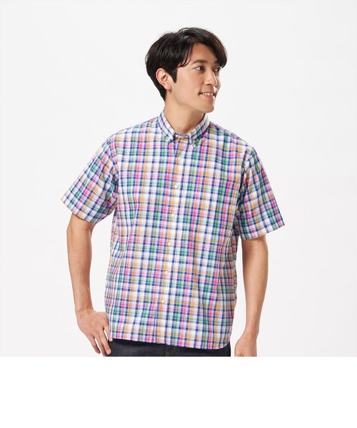 形態安定 綿ポリ素材 ボタンダウン ラウンドテール 半袖カジュアルシャツ
