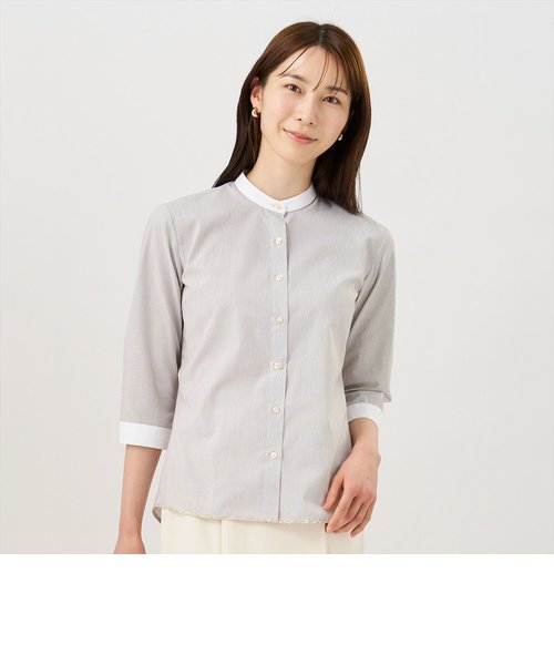 【裾パイピング】 形態安定 スタンド衿 七分袖レディースシャツ