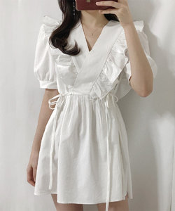 半袖パフスリカシュクールフリルチュニック/ワンピース大襟サマードレス襟コンシャス韓国レトロファッション