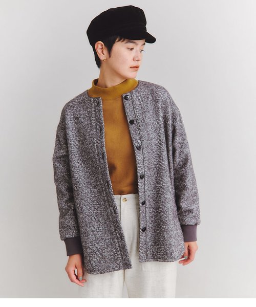 Herringbone Tweed ノーカラーコート