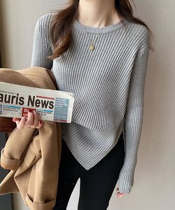 サイドボタンリブニット レディース トップス 長袖 秋服 冬服   30代 韓国ファッション 韓国 オフィスカジュアル 無地 キレイめ 大人女子