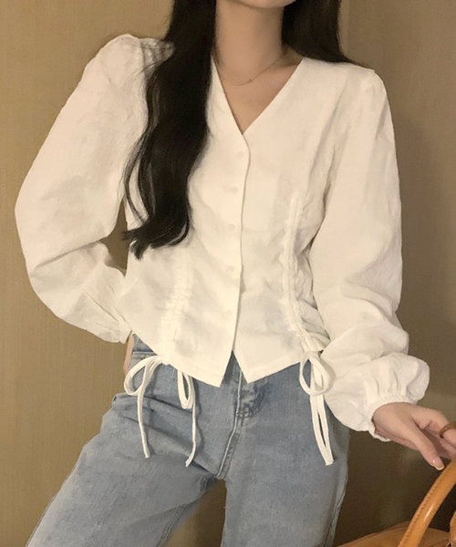 Vネックシャーリングブラウス レディース トップス 長袖 無地 秋服 冬服 10代20代 30代 韓国ファッション 韓国 大きいサイズ カジュアル ノーカラー