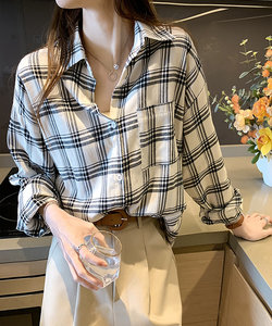 チェック柄オーバーサイズシャツ レディース トップス 長袖 秋服 冬服 10代 20代 30代 韓国ファッション 韓国 大きいサイズ カジュアル 定番 着回し