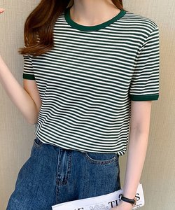 ボーダー半袖カットソー レディース トップス 春服 夏 秋 10代 20代 30代 韓国ファッション カジュアル ストリート シンプル 定番