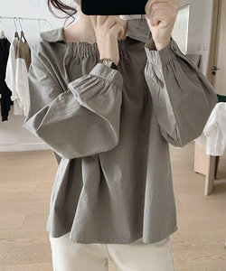 襟付きスクエアネックブラウス レディース トップス 長袖 無地 ギャザー 春服 秋   30代 韓国ファッション 可愛い くすみカラー 大きいサイズ