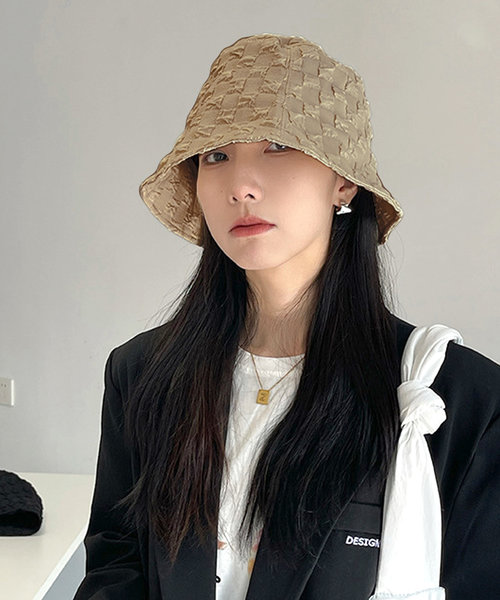 ブロックチェック風バケットハット 韓国ファッション 10代 20代 30代 ワッフル素材 カジュアル 可愛い 柔らかな素材感 女性らしいデザイン