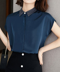 サテン風ブラウス 韓国ファッション 10代 20代 30代 大人 上品 シンプル フレンチスリーブ おしゃれ 半袖 きれいめ カジュアル 襟付き