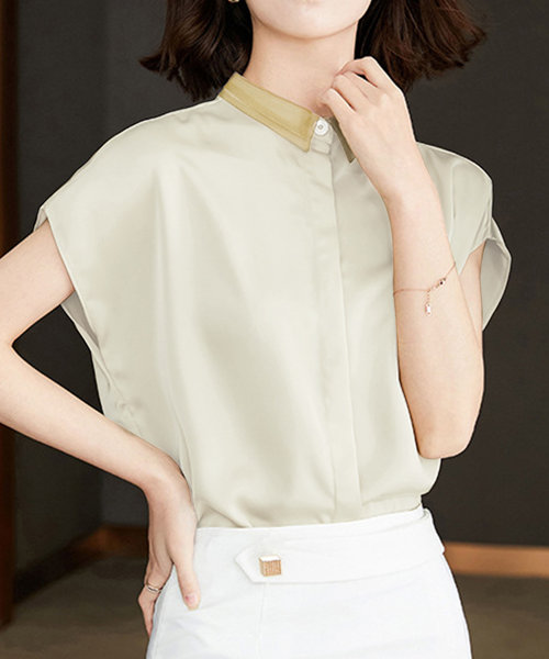 サテン風ブラウス 韓国ファッション 10代 20代 30代 大人 上品 シンプル フレンチスリーブ おしゃれ 半袖 きれいめ カジュアル 襟付き