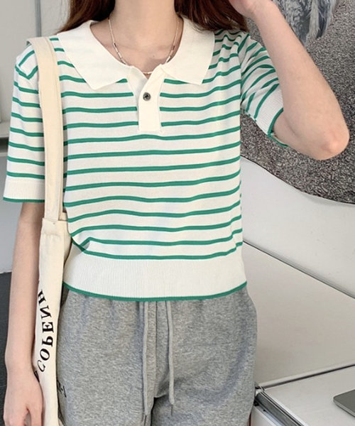 半袖ボーダーポロシャツ 韓国ファッション 10代 20代 30代 レトロ 可愛い カジュアル スタイルUP 小顔効果 おしゃれ シンプル