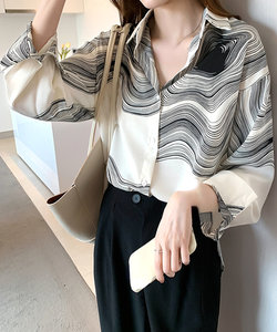 マーブル柄ブラウス 韓国ファッション 10代 20代 30代 シンプル おしゃれ レイヤード 長袖シャツ フェミニン 上品 ゆったり 可愛い