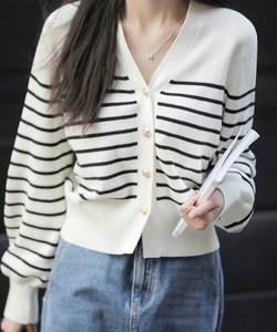 ボーダーカーディガン 秋 冬 韓国ファッション 10代 20代 30代 レディース 暖かい 可愛い 大人カジュアル シンプル 羽織り 白 黒 ニット