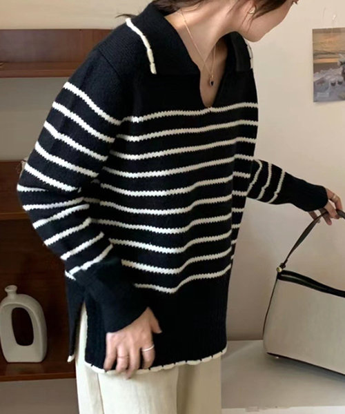 ニットチュニック 秋 冬 韓国ファッション 10代 20代 30代 レディース 可愛い 大人カジュアル シンプル 長袖 スキッパーネック 体型カバー