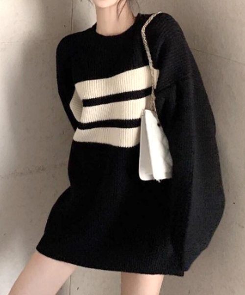 ロングニット 秋 冬 韓国ファッション 10代 20代 30代 レディース 可愛い 大人カジュアル シンプル 長袖 体型カバー ライン オーバーサイズ