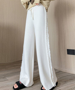 サイドフリンジパンツ レディース 10代 20代 30代 韓国ファッション 春 秋 冬 可愛い 大人カジュアル シンプル 黒 白 無地 ワイド