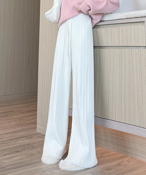 リブニットリラックスパンツ レディース 10代 20代 30代 韓国ファッション 春 秋 冬 カジュアル 可愛い 白 黒 シンプル ボトムス ズボン