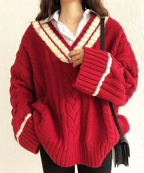 オーバーサイズニットセーター レディース 10代 20代 30代 韓国ファッション カジュアル 秋 冬 無地 シンプル 可愛い おしゃれ ケーブル編み