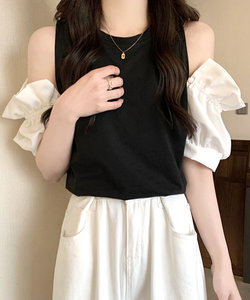 オープンショルダーブラウス 春 夏服 秋 韓国ファッション 10代 20代 30代  肩出し 切り替え パフスリーブ ガーリー 大人カジュアル