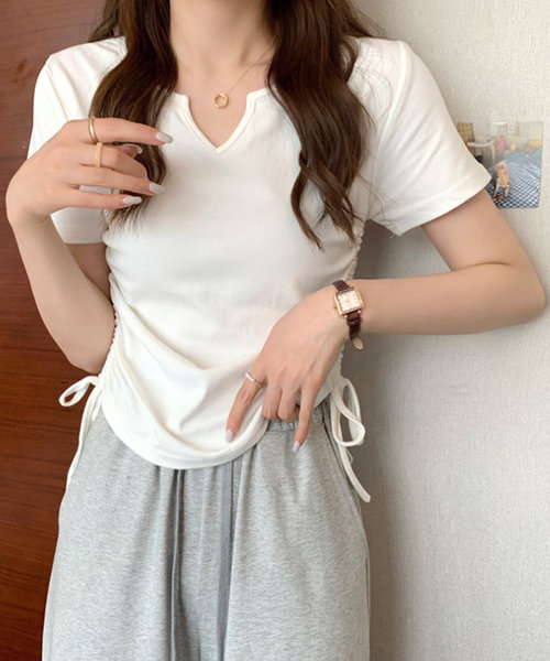 サイドドロストリボンシャツ 春 夏服 秋 韓国ファッション 10代 20代 30代 黒 Tシャツ レディース 無地 シンプル トップス 半袖