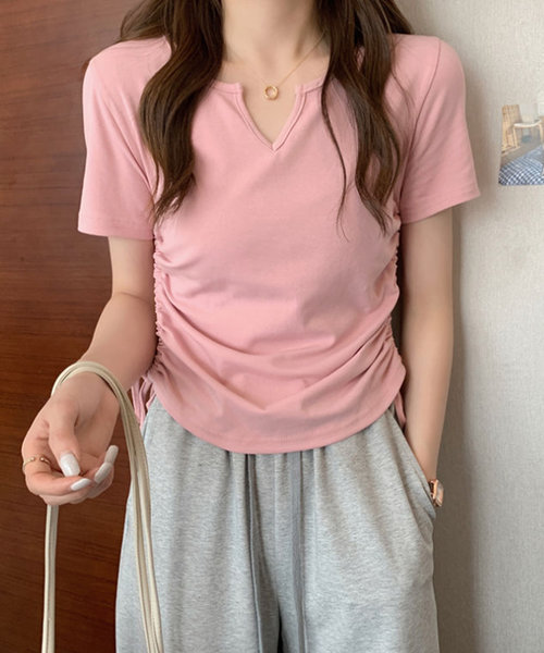 サイドドロストリボンシャツ 春 夏服 秋 韓国ファッション 10代 20代 30代 黒 Tシャツ レディース 無地 シンプル トップス 半袖