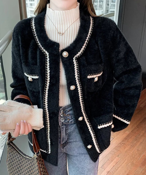 ツイード風ノーカラージャケット 秋 冬 韓国ファッション 10代 20代 30代 レディース 暖かい 可愛い 上品 綺麗め アウター 黒 白 デート