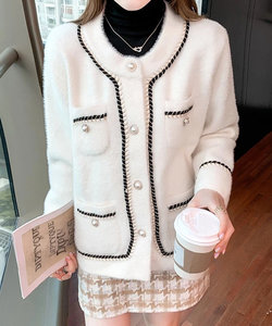 ツイード風ノーカラージャケット 秋 冬 韓国ファッション 10代 20代 30代 レディース 暖かい 可愛い 上品 綺麗め アウター 黒 白 デート