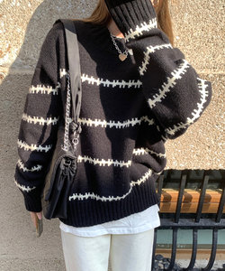 ふわふわボーダーニット 秋 冬 韓国ファッション 10代 20代 30代 レディース 暖かい 可愛い 大人カジュアル シンプル 黒 白 リブ おしゃれ