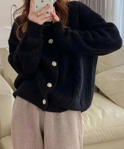 ケーブル編みカーディガン 春 秋 冬 韓国ファッション 10代 20代 30代 レディース 黒 白 ニット シンプル 可愛い 大人 上品 ボタン