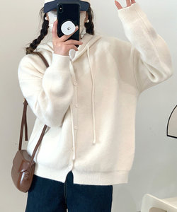 シンプルニットパーカー 春 秋 冬 韓国ファッション 10代 20代 30代 レディース 黒 白 カジュアル 可愛い 大人 羽織り 上着 フード付き