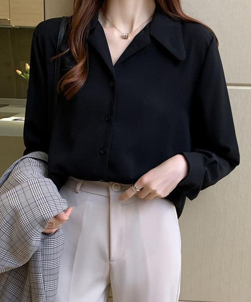 シフォンシャツブラウス レディース 10代 20代 30代 韓国ファッション 春 秋 冬 カジュアル 可愛い 上品 白 黒 オフィス 無地 シンプル