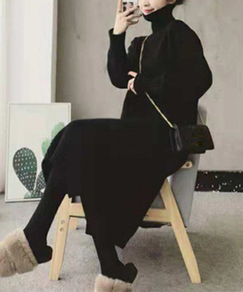 ハイネックニットワンピース レディース 10代 20代 30代 韓国ファッション 秋 冬 カジュアル 可愛い 上品 シンプル 黒 長袖 デート