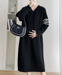カジュアルニットワンピース レディース 10代 20代 30代 韓国ファッション 春 秋 冬 カジュアル 可愛い 黒 フード シンプル 長袖