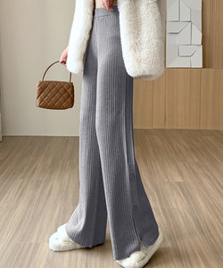サイドスリットワイドパンツ レディース 10代 20代 30代 韓国ファッション 春 秋 冬 カジュアル 可愛い 白 黒 シンプル ボトムス ボタン