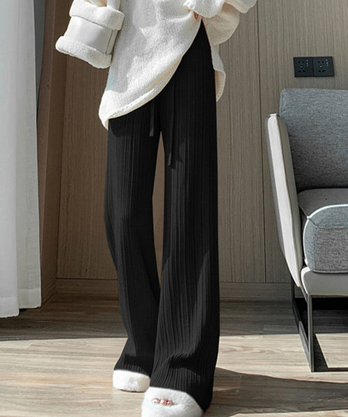 リブニットワイドパンツ レディース 10代 20代 30代 韓国ファッション 春 秋 冬 カジュアル 可愛い 白 黒 シンプル ボトムス リラックス